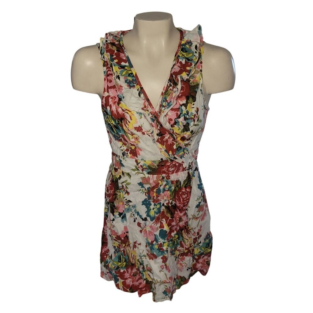 DOUBLE ZERO Floral Sleeveless Wrap Dress‎ Ruffle Trim & Waist Tie Summer Spring